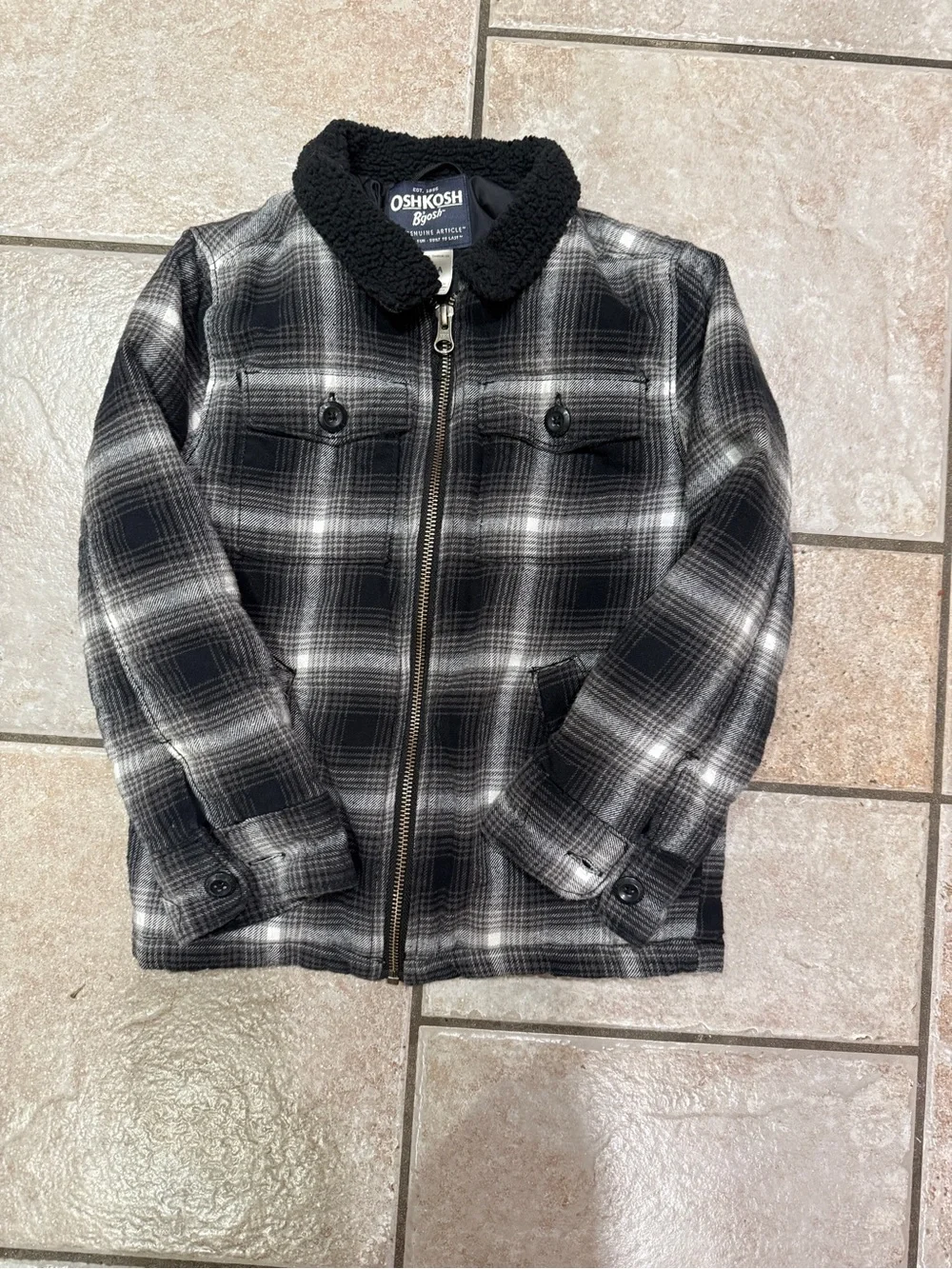 OshKosh B'gosh Black & Gray Plaid Sherpa Collar Pea Coat
